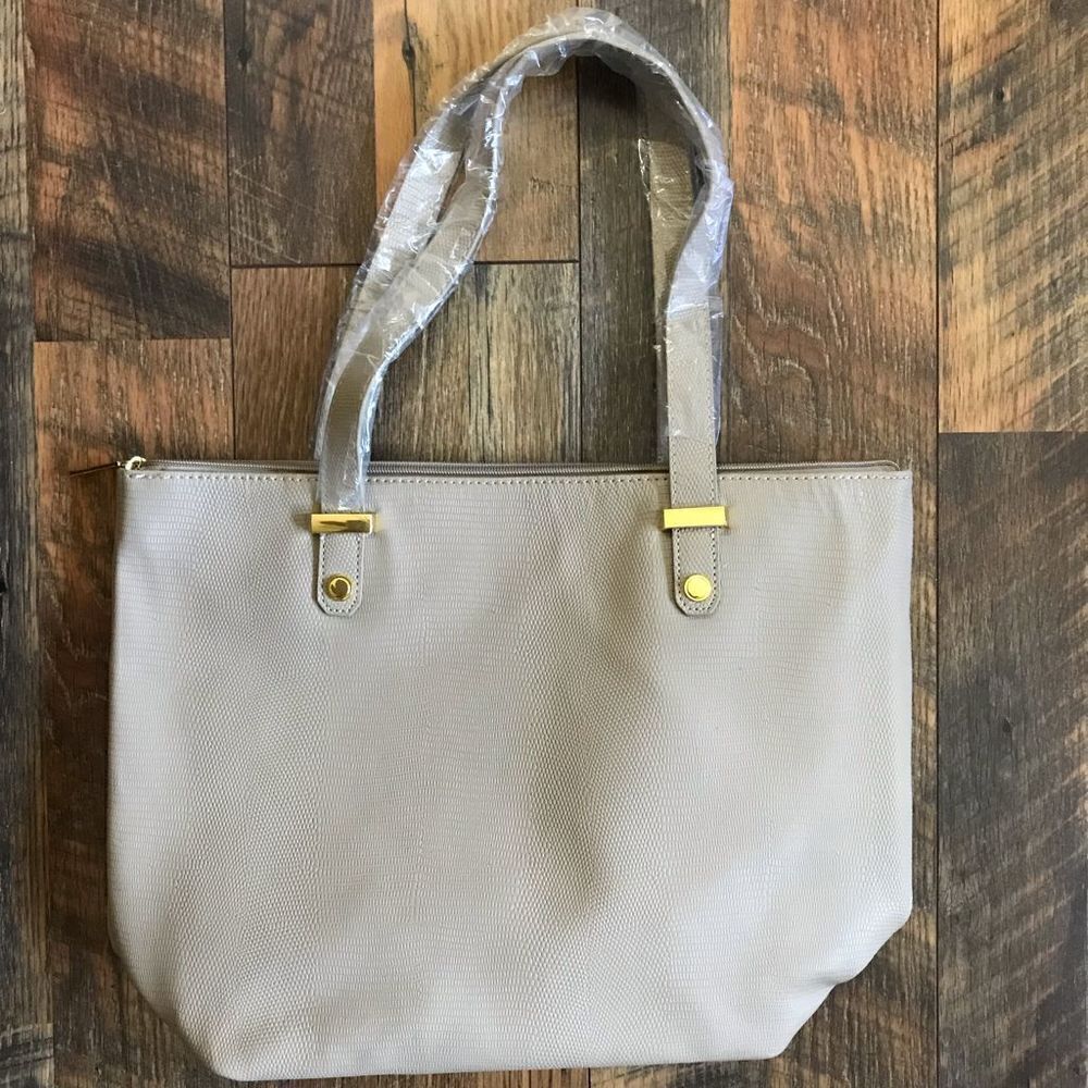 Joy Mangano handbag purse tote textured leather beige tan